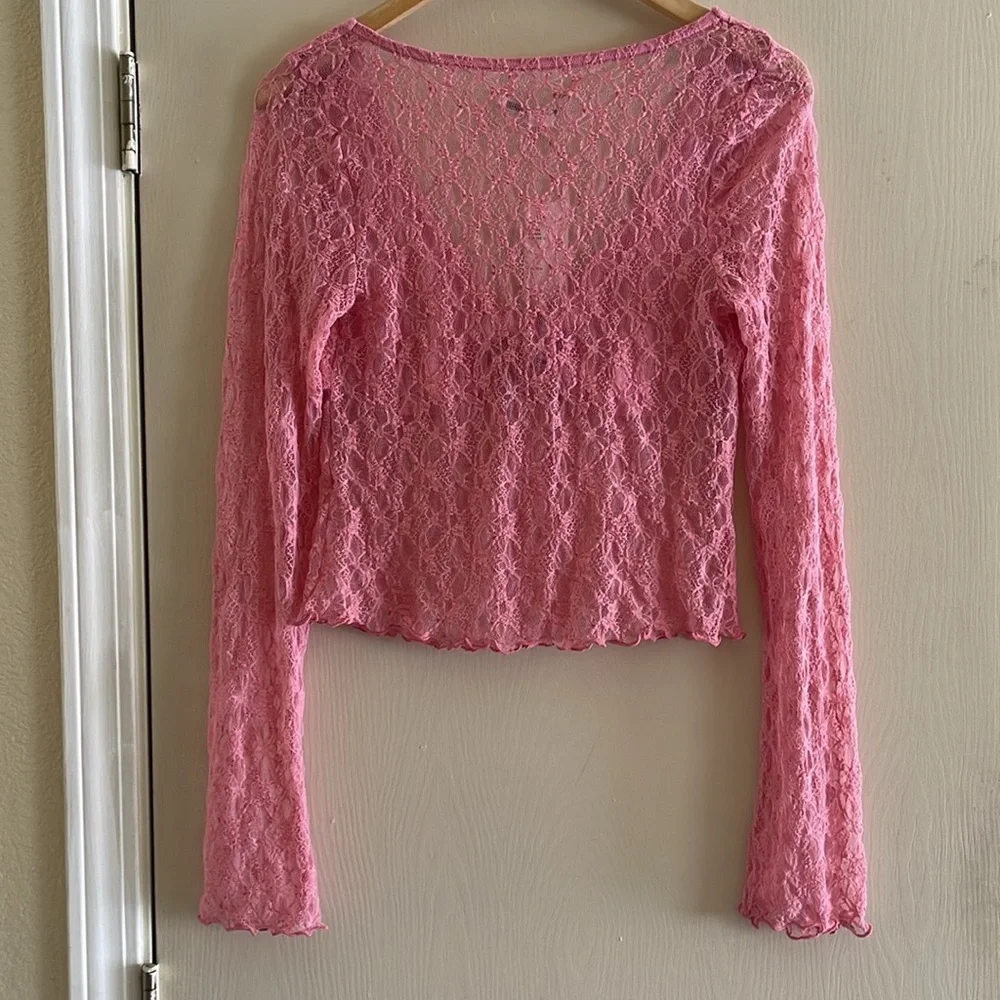 NWT Urban Outfitters Kimchi Blue Pink Mesh Lace LongSleeve Blouse